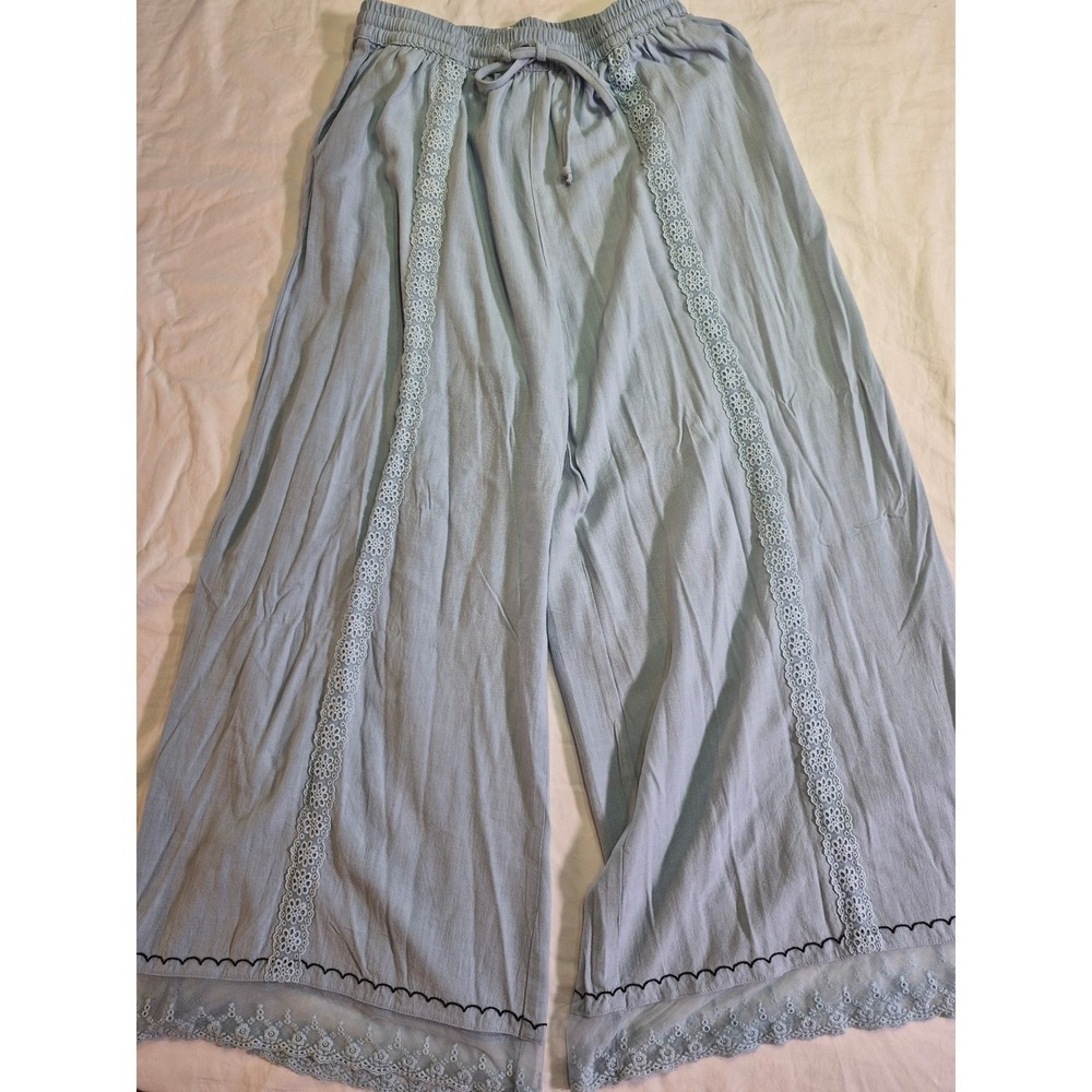 TARSE Light Blue Linen Blend Wide Leg Lace Trim Palazzo Pants Small